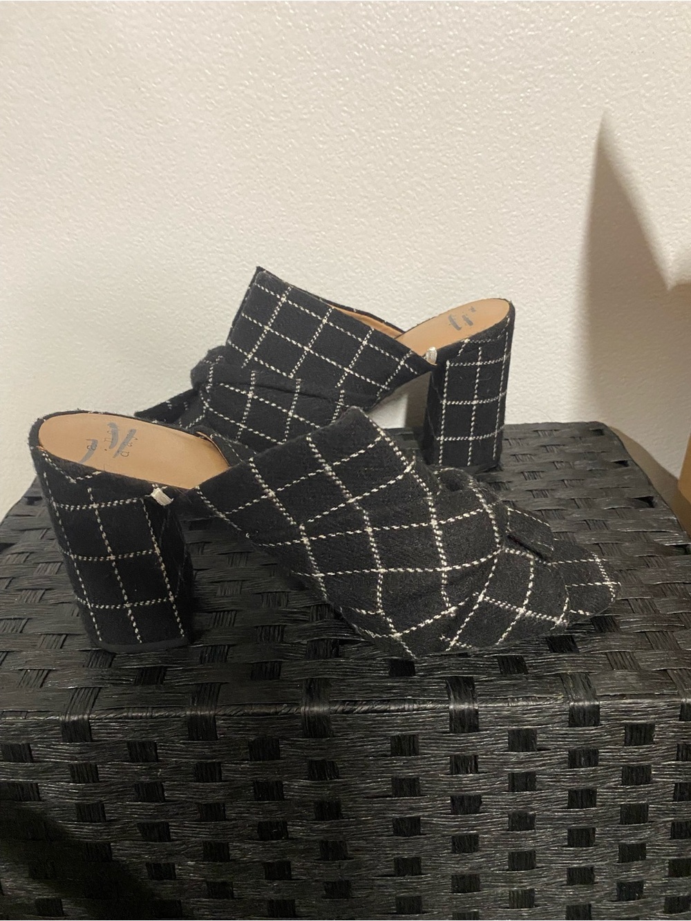 Black Plaid Open-Toe Block Heel Mules